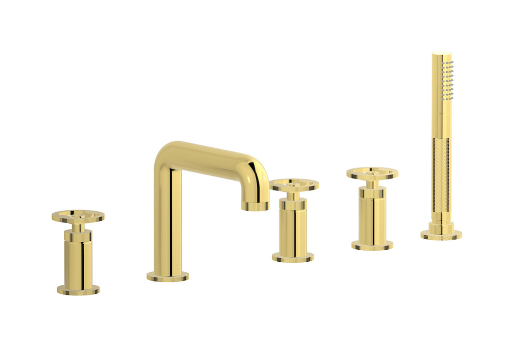 Смеситель на бортик ванной на 5 отверстий с дивертером и душевым гарнитуром. WE ARE IB b1396oo Gold Bold