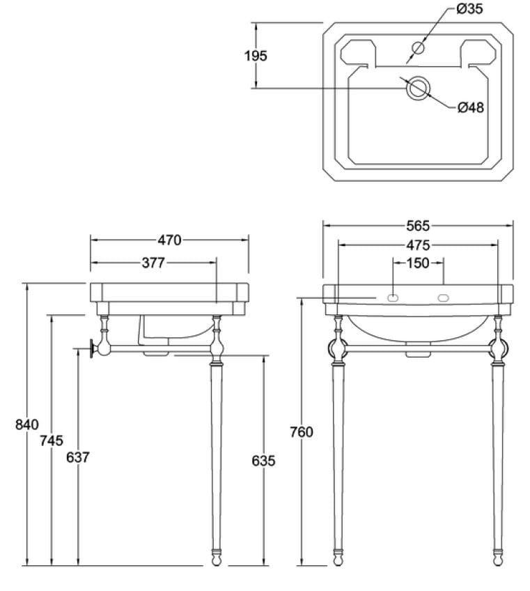 Прямоугольная консольная раковина в витрине Burlington Викторианская ARCH-00004044 - Вид №3