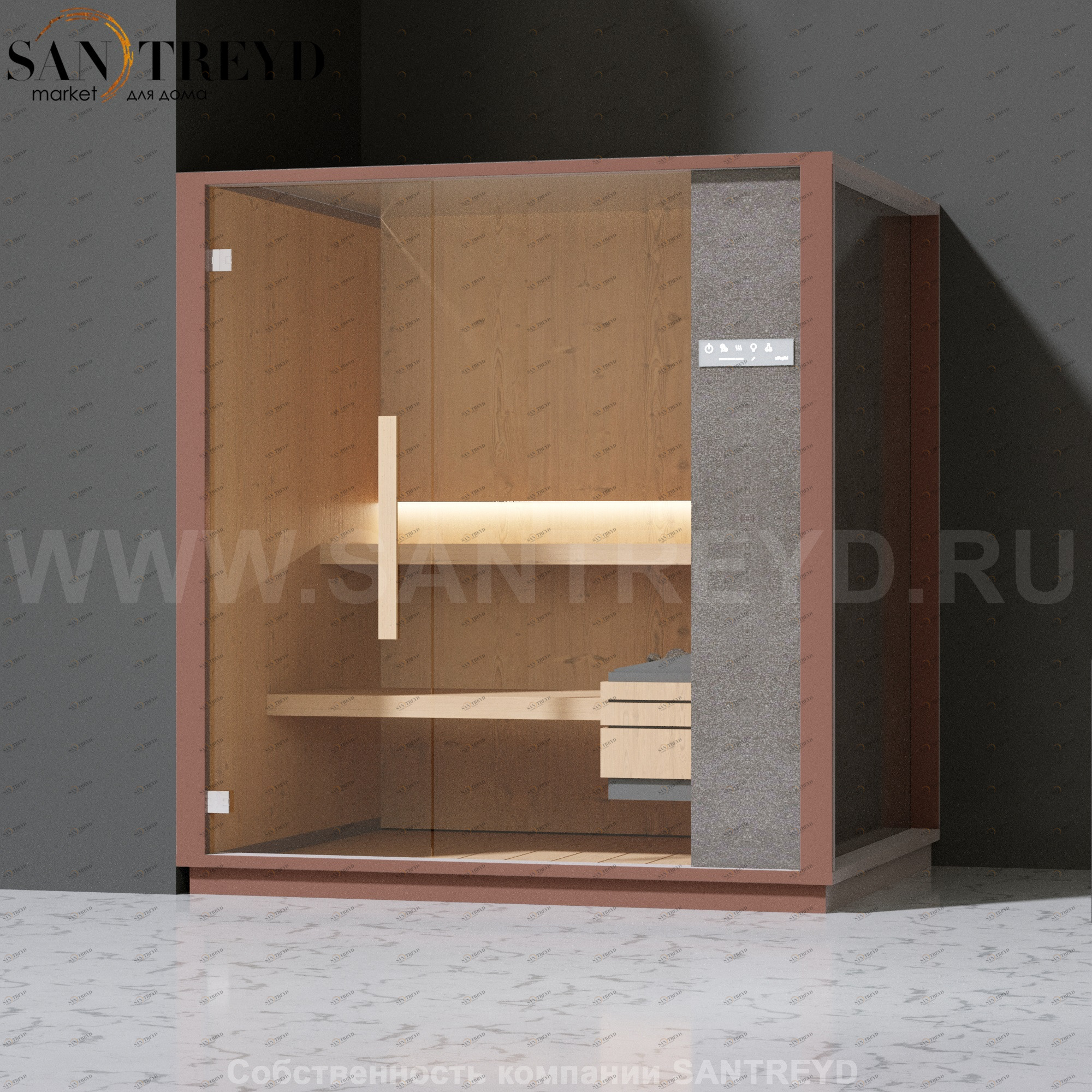 Effegibi ONE S LO50030005 Сауна. Установка: в левый угол. Правая дверь. Мощность: 6 кВт макс. Размеры: длина 214 см, ширина 171 см. Отделка: канадский хемлок, матовый лакированный серый аллюминий и бежевый ламинат из керамогранита.