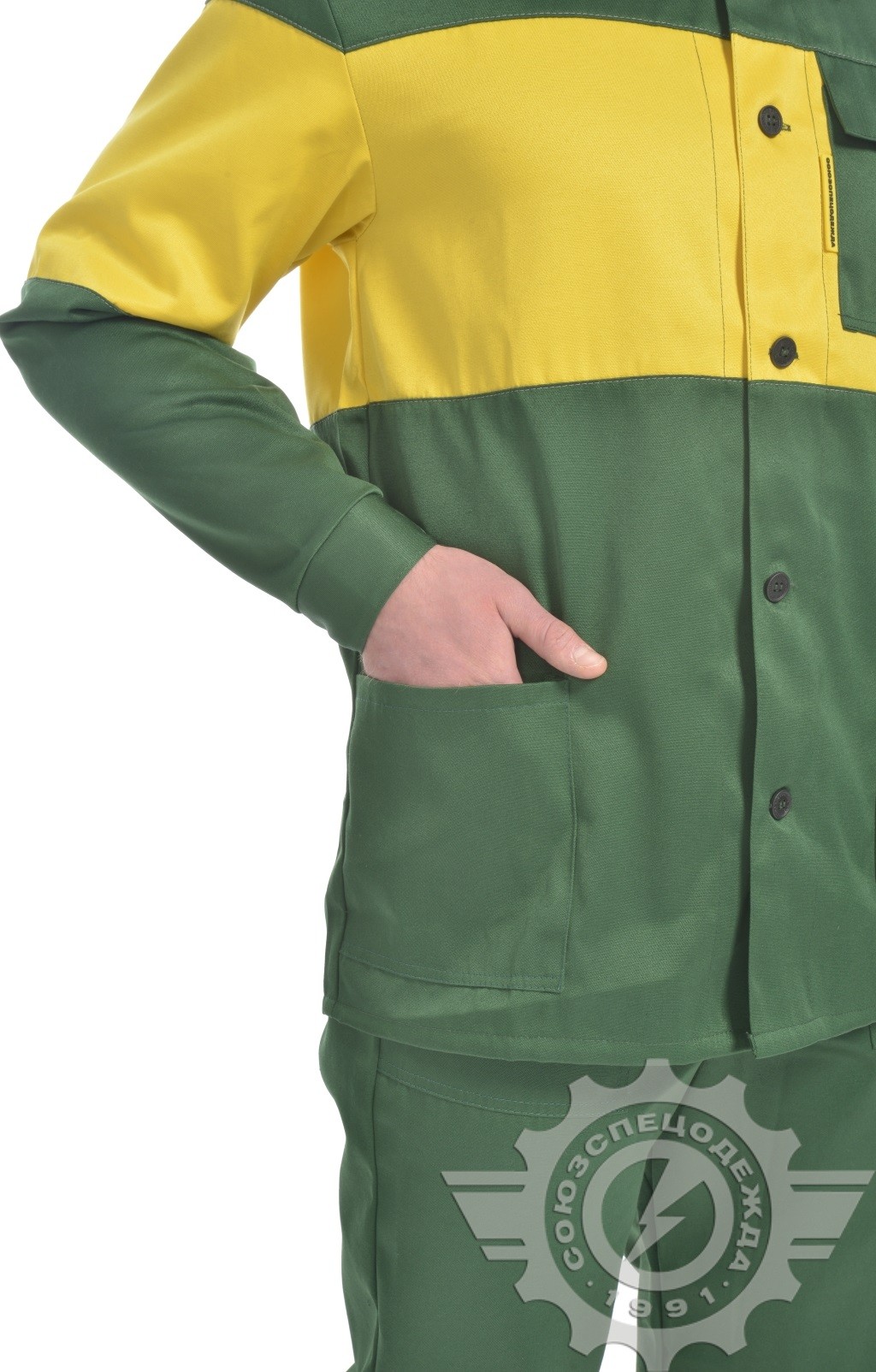 69967 Костюм "Ударник" темно-зеленый-желтый с СВП  Летняя спецодежда  размер 60-62/182-188  - Вид №5