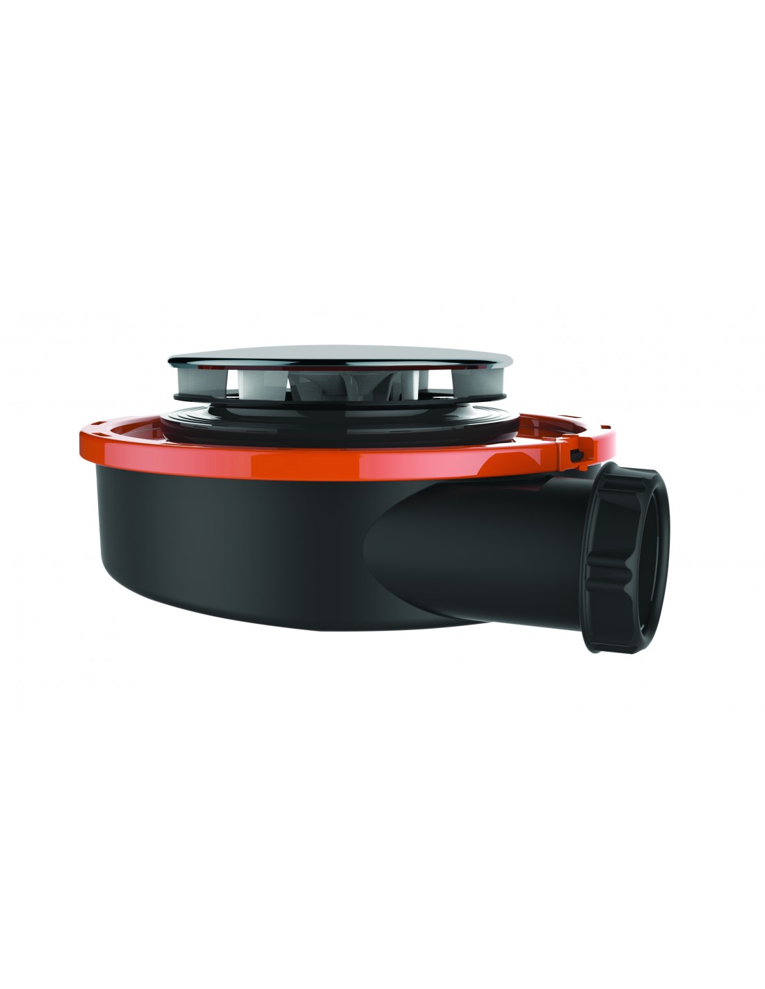 576700 000 00  Водоотводящий желоб Flush 44 для поддона диаметром 90 мм, сверхбыстрый и сверхплоский, круглая крышка, горизонтальный выпуск, нержавеющая сталь Valentin Хром 