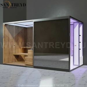 Effegibi BODYLOVE SH BL45210006 Боковая комбинированная баня: хаммам и сауна. Установка: в левый угол. Мощность: 15 кВт макс. Размеры: длина 393 см, ширина 176 см. Отделка: термообработанная древесина, светлый керамогранит и зеркало.