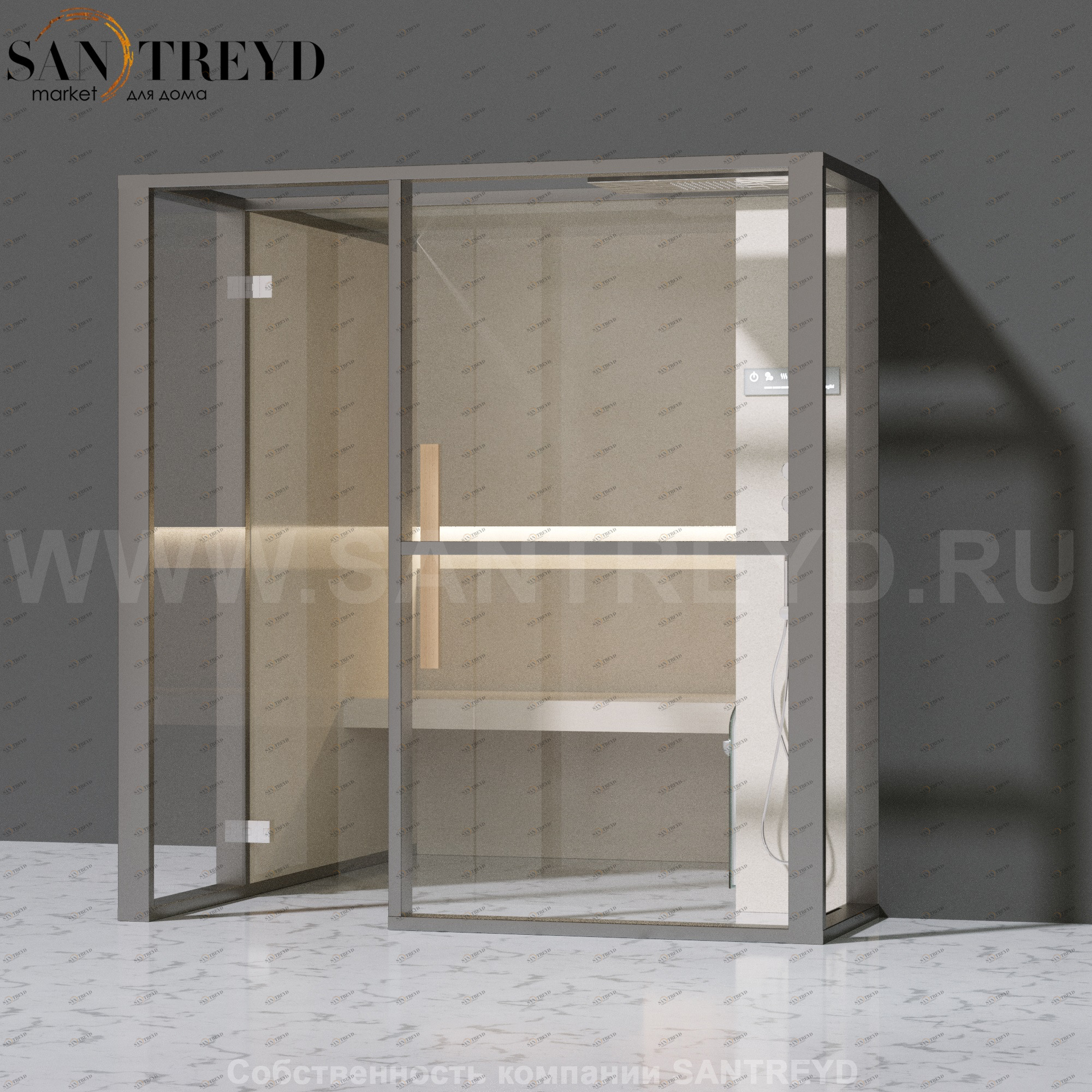 Effegibi LOGICAFILO H LO31010015 Хаммам. Установка: в правый  полуугол. Правая дверь. Мощность: 4,5 кВт макс. Размеры: длина 214 см, ширина 250 см. Отделка: матовый лакированный серый аллюминий и бежевый ламинат из керамогранита.