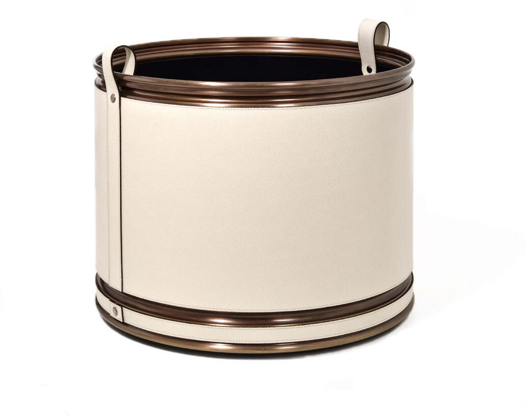 Кашпо - Ø 40,5XH32 см / металл-отделка_сатин-латунь / зерненая кожа_темно-серый