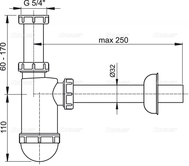 Сифон для умывальника DN32 c накидной гайкой 5/4" ALCAPLAST A430 - Вид №1
