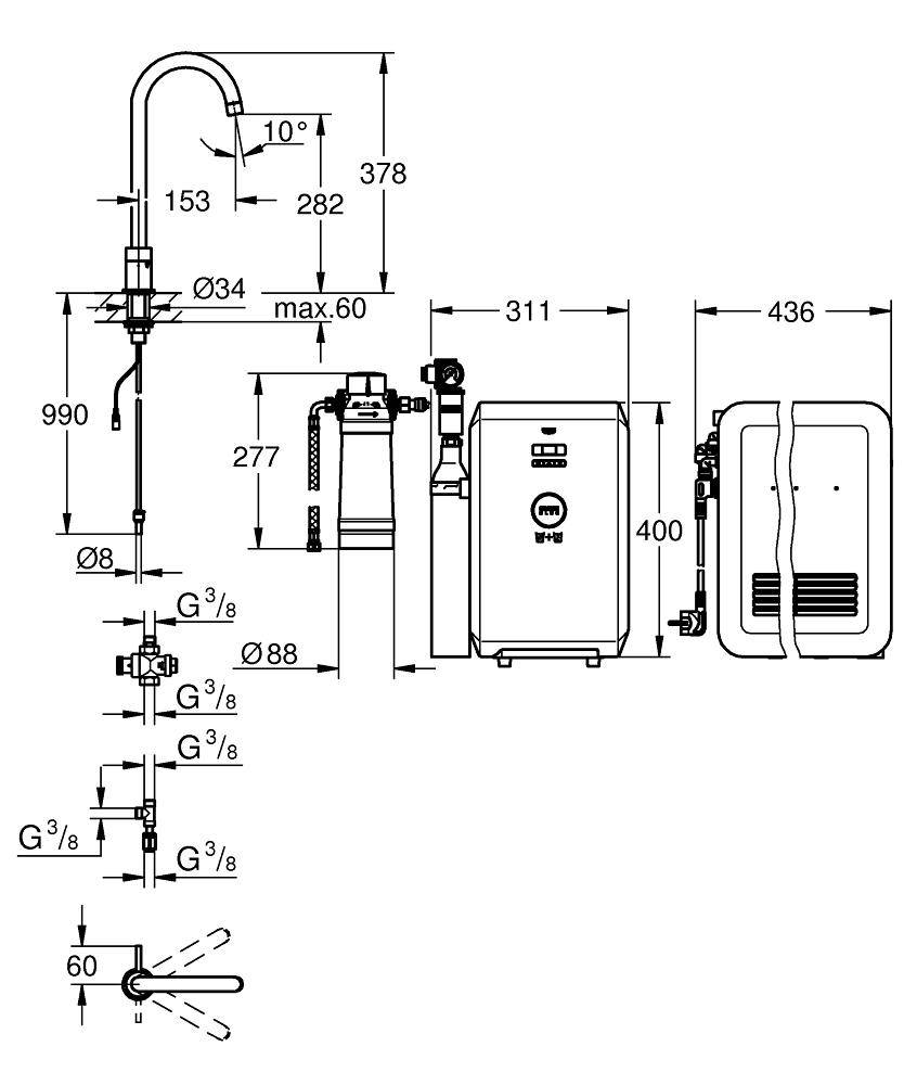 31302DC1 Комплект с вертикальным вентилем для мойки Grohe GROHE Blue - Вид №1
