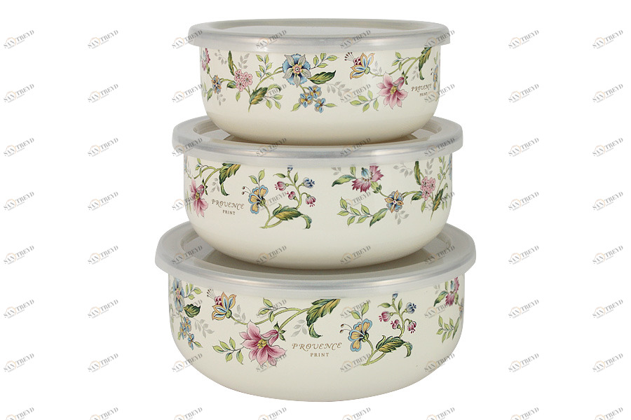 Миски эмалированные с крышками 3 шт белые "Прованс" EJIRY ЦВЕТЫ 00-3973433 Бежевый 