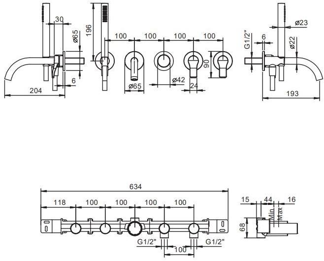ABOUTWATER Настенный комплект для ванны с 5 отверстиями и ручным душем Al/23 sun-id-1478745 - Вид №2