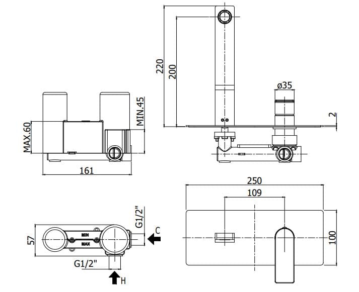 Настенный смеситель для раковины с 2 отверстиями RUBINETTERIA PAFFONI Tango ARCH-00109972 - Вид №3