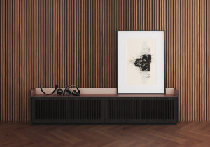 Низкий деревянный шкаф для телевизора с распашными дверцами