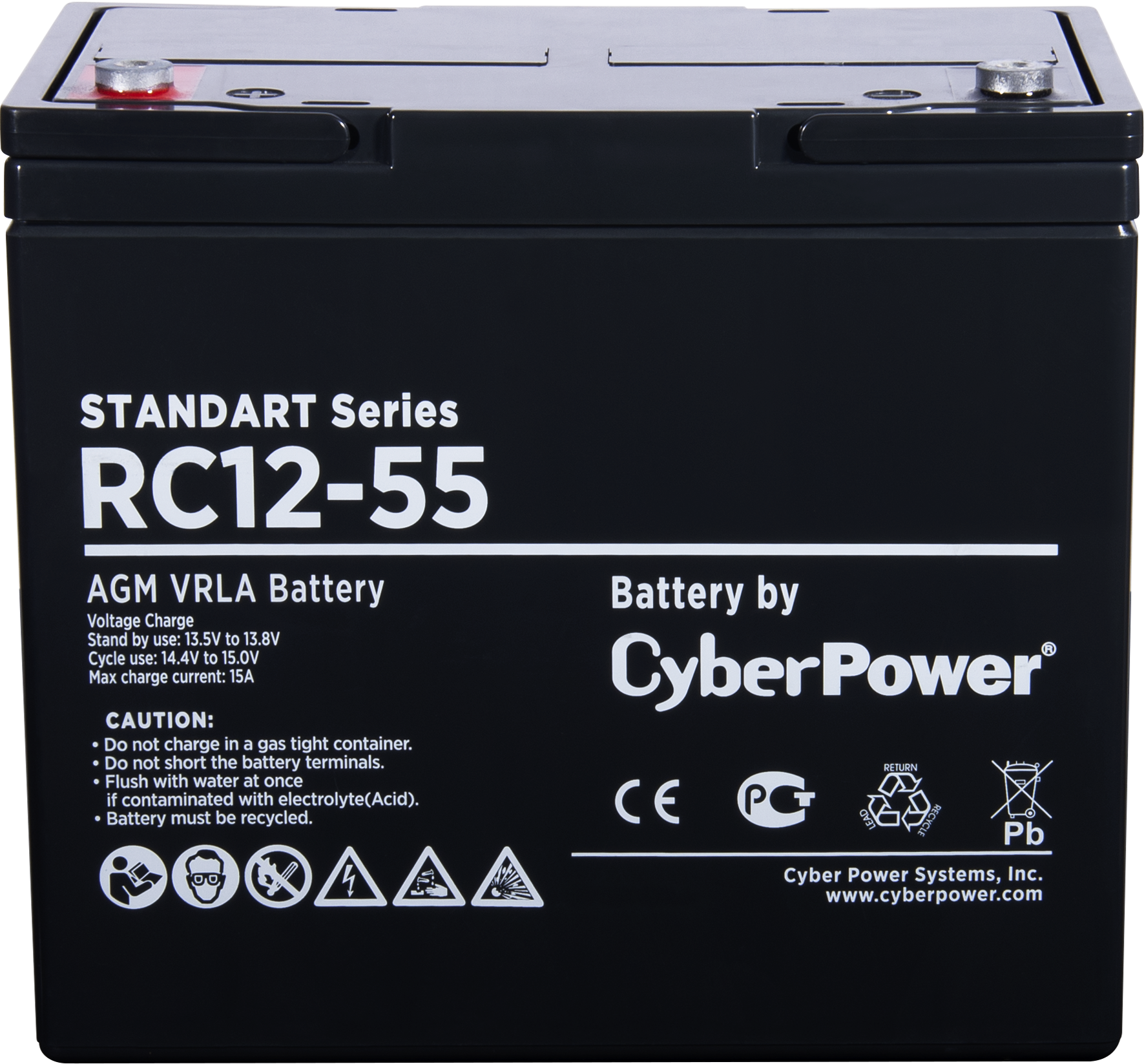 RC 12-55 Battery standart series rс 12-55, voltage 12v, capacity (discharge 20 h) 55ah, max. discharge current (5 sec) 500a, max. charge current 15a, lead-acid type agm, terminals under bolt m6, lxwxh 230x138x205mm., full height with terminals 227mm., wei Santreyd  - Вид №1
