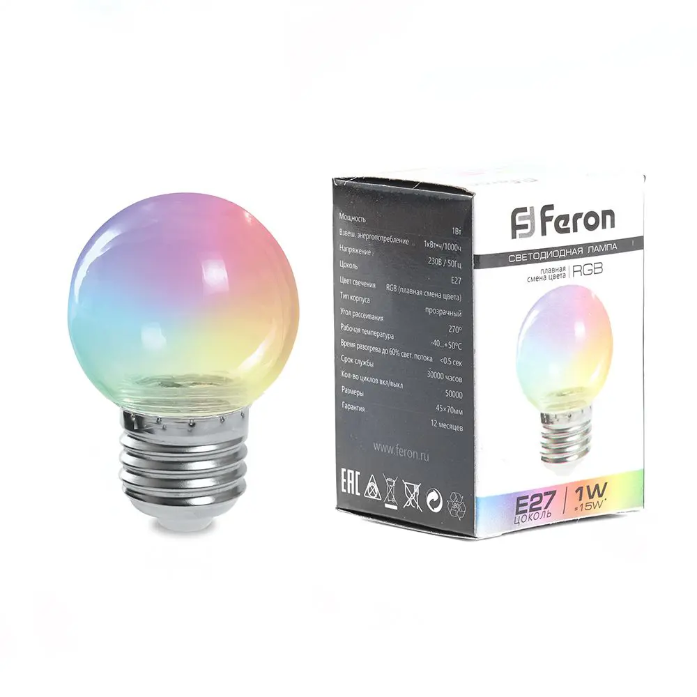 Лампа светодиодная Feron E27 LB-371 220 В 3 Вт шар регулируемый цвет света RGB прозрачный плафон STLM-2012264 - Вид №1