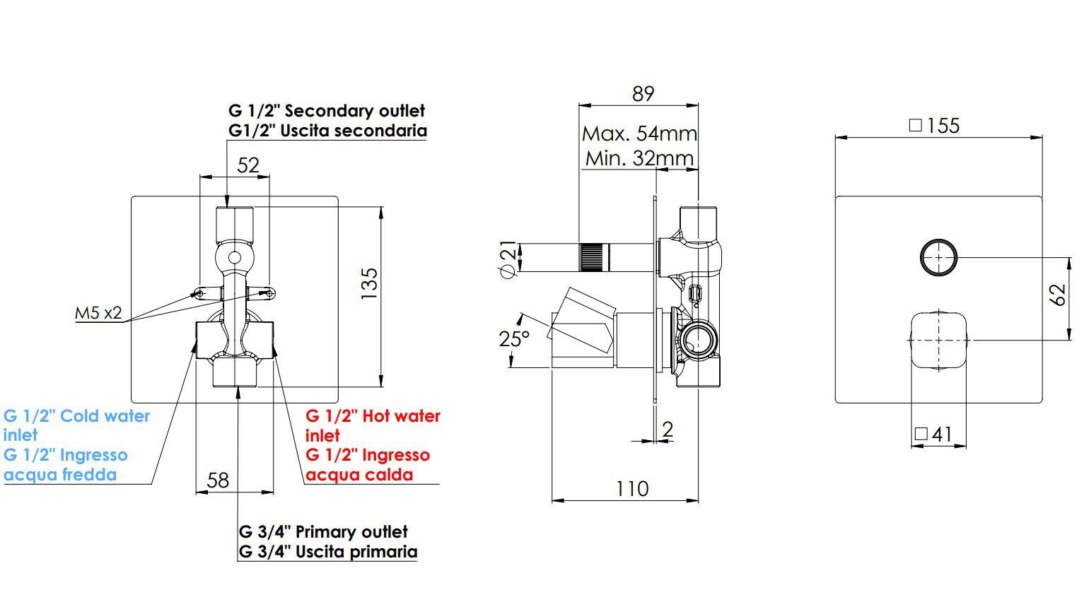 Однорычажный встраиваемый смеситель для ванны с переключателем Rubinetterie Mariani Icon-Q ARCH-00046331 - Вид №1