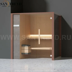 Effegibi ONEFILO S LO51030006 Сауна. Установка: в левый угол. Левая дверь. Мощность: 4,5 кВт макс. Размеры: длина 214 см, ширина 171 см. Отделка: матовый лакированный коричневый аллюминий и темный ламинат из керамогранита.