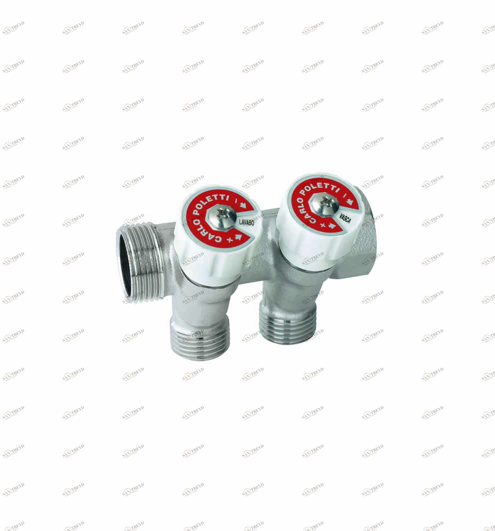 Carlo Poletti C52200TBI35 Коллектор сборный, с регулировочным клапаном. Ручка белая с идентификационными пластинками красный/синий. 2 ответвления, межосевое расстояние 35 мм 