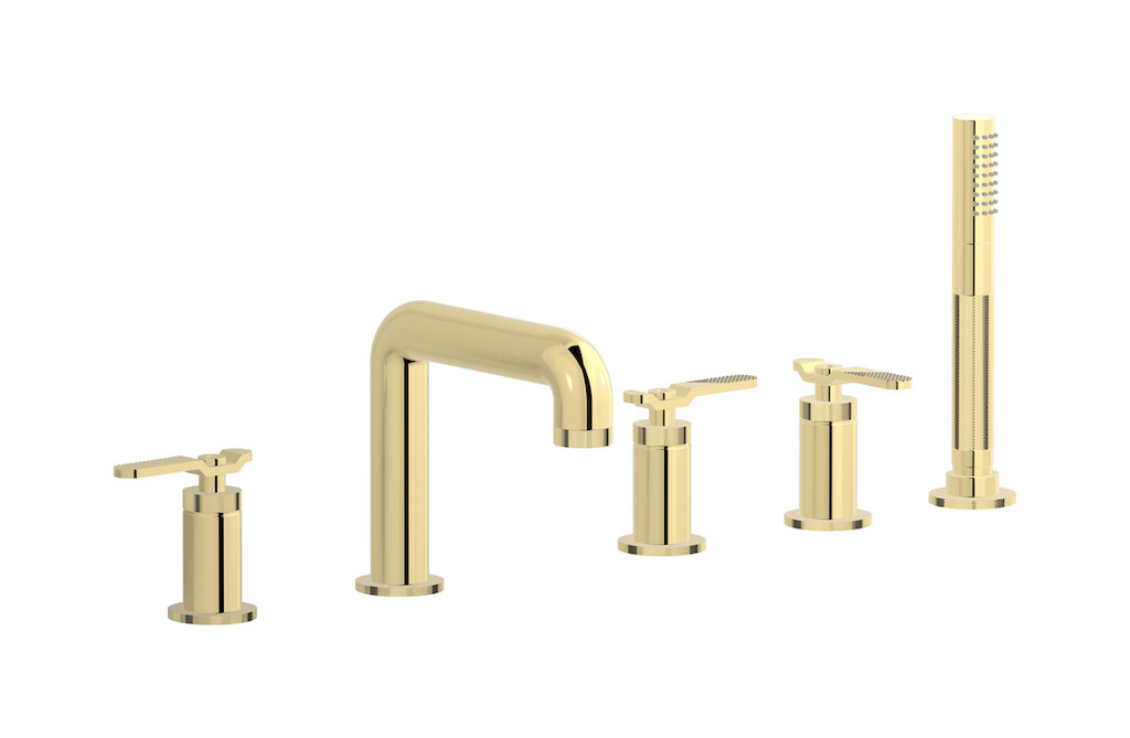 Смеситель на бортик ванной на 5 отверстий с дивертером и душевым гарнитуром. WE ARE IB b2396ii Pale Gold Bold