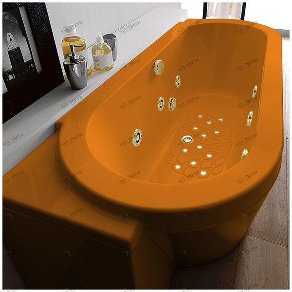 Ванна Gruppo treesse Playa V818Q-DX-OZ оранжевая с золотой фурнитурой гидромассажем, аэромассажем и дезинфекцией овальная угловая пристенная правая ATCV818QDXOZ