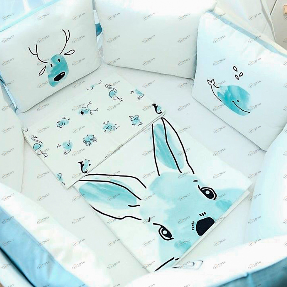 Комплект детского постельного белья для кроватки Bed "Акварель" голубой, бортики-подушки ELLIPSE ELLIPSE BED 351649 Белый;голубой Santreyd 