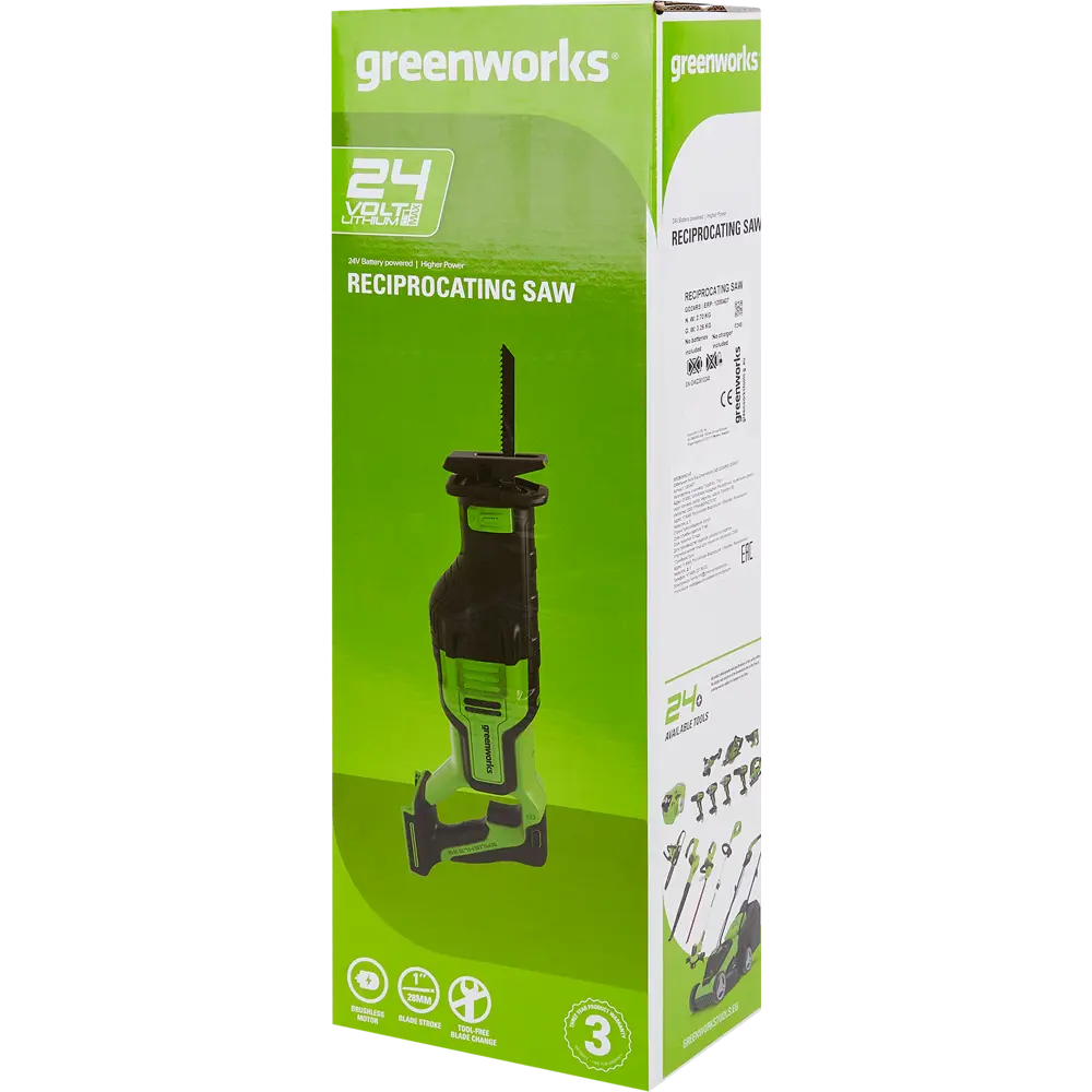 Пила сабельная аккумуляторная бесщеточная Greenworks GD24RS, 24 В Li-Ion, без АКБ и ЗУ 84916214 STLM-2178913  - Вид №5
