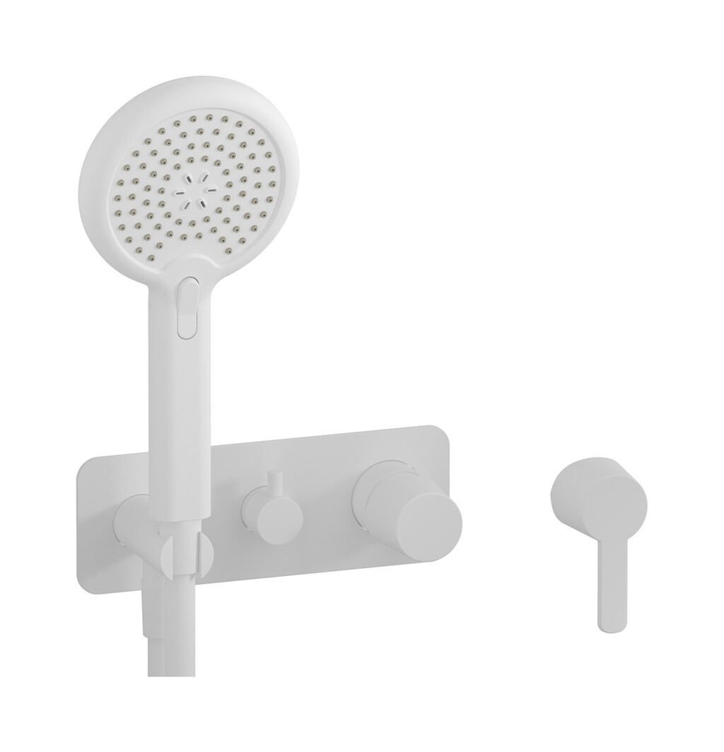 Внешние части встроенного в стену смесителя на 2 потребителя в комплекте с душевым гарнитуром. WE ARE IB aa392np Matt White TAAAC