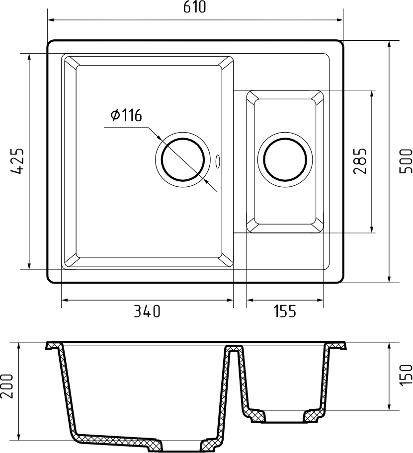 Кухонная мойка Искусственный камень QUADRO S222 GranFest Q-610K-S222 - Вид №1