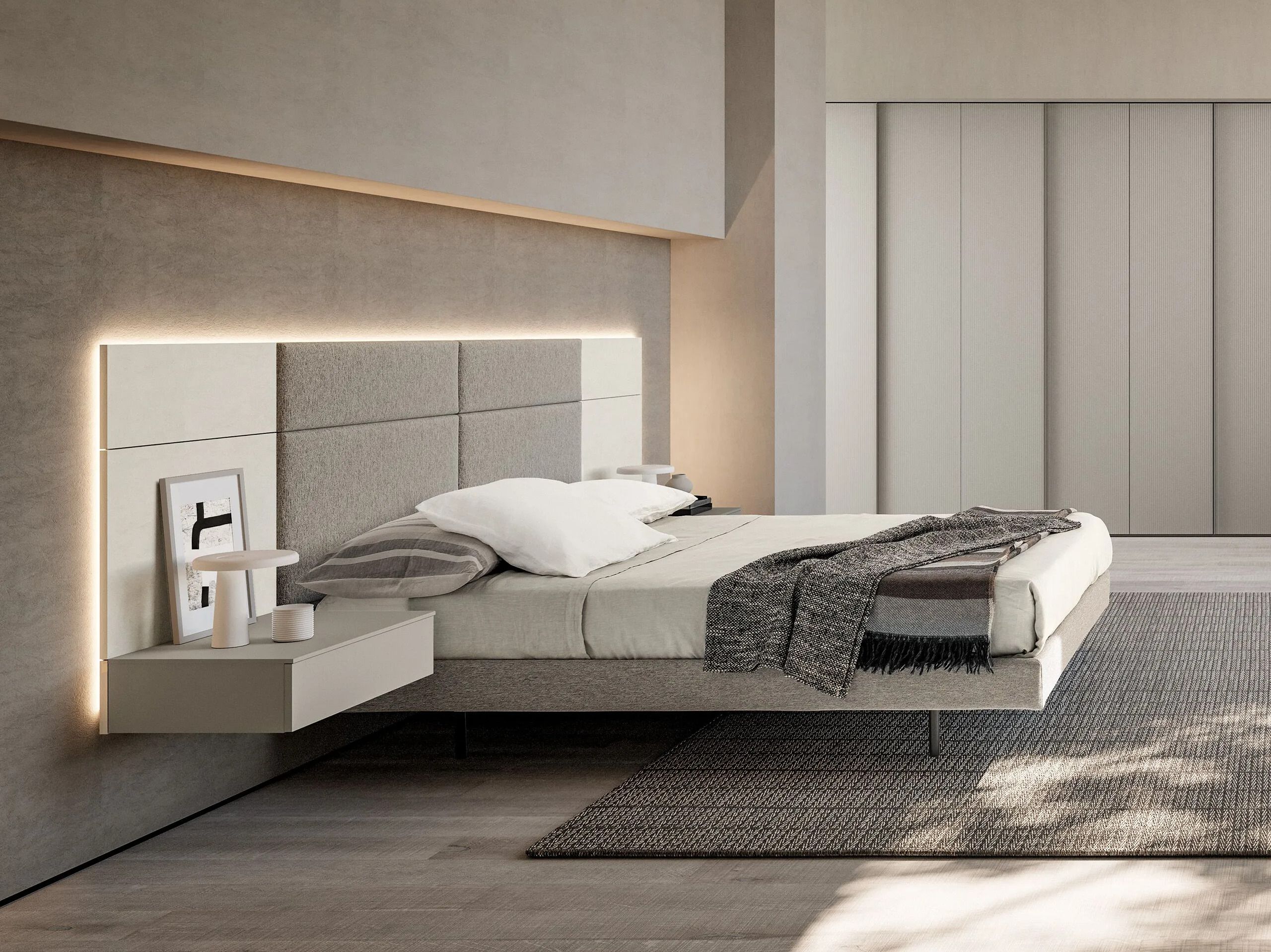 Двуспальная кровать из дерева и ткани со встроенным освещением Adok MODULA ARCH-00059163