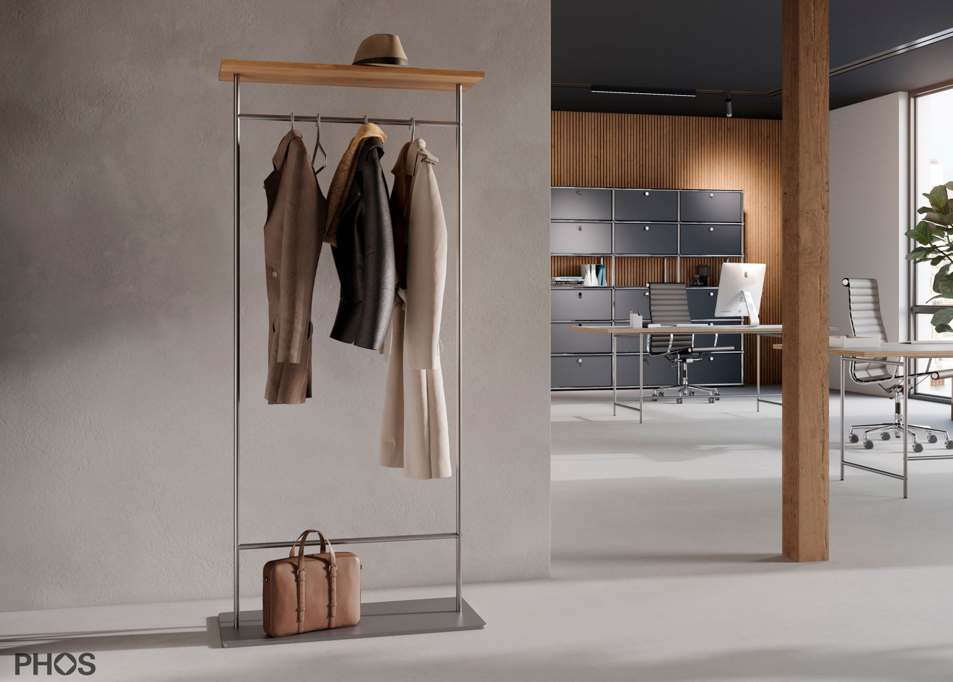 GST2-Eiche Двойной шкаф с гладкой штангой для одежды и полкой из дуба, основание: серое. PHOS  - Вид №3