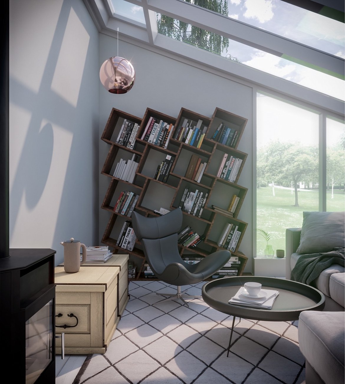 Стеллаж деревянный дизайнерский широкий дуб "Матрица на 4" от Odingeniy ODINGENIY СТЕЛЛАЖИ "МАТРИЦА" 178441 Бежевый  - Вид №1