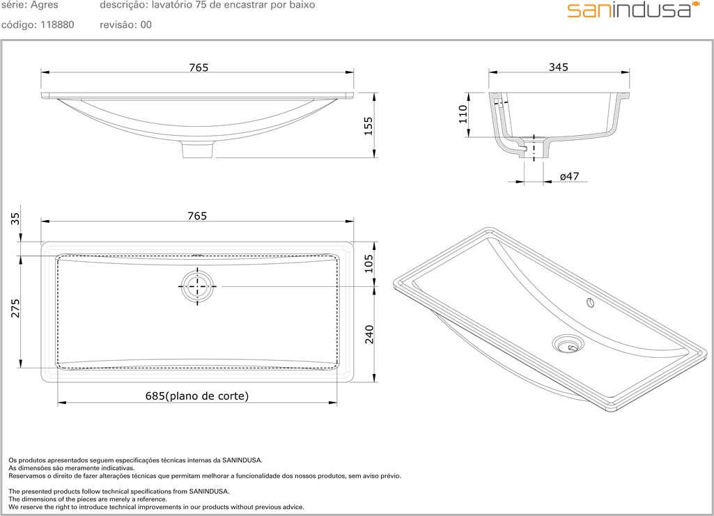 118880004 Накладная раковина под столешницу  прямоугольная Sanindusa Agres - Вид №1