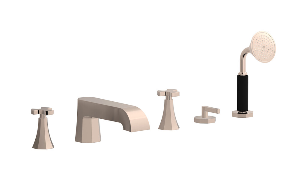 Смеситель на бортик ванной на 5 отверстий с дивертером и душевым гарнитуром. WE ARE IB bt396rs Rose Gold Belmondo 