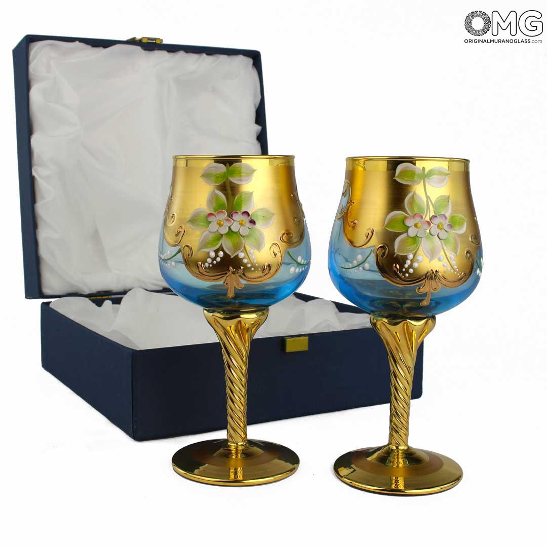 3767 ORIGINALMURANOGLASS Набор из 2 бокалов- я&ты- Trefuochi - голубые - муранское стекло OMG 8 см  - Вид №1