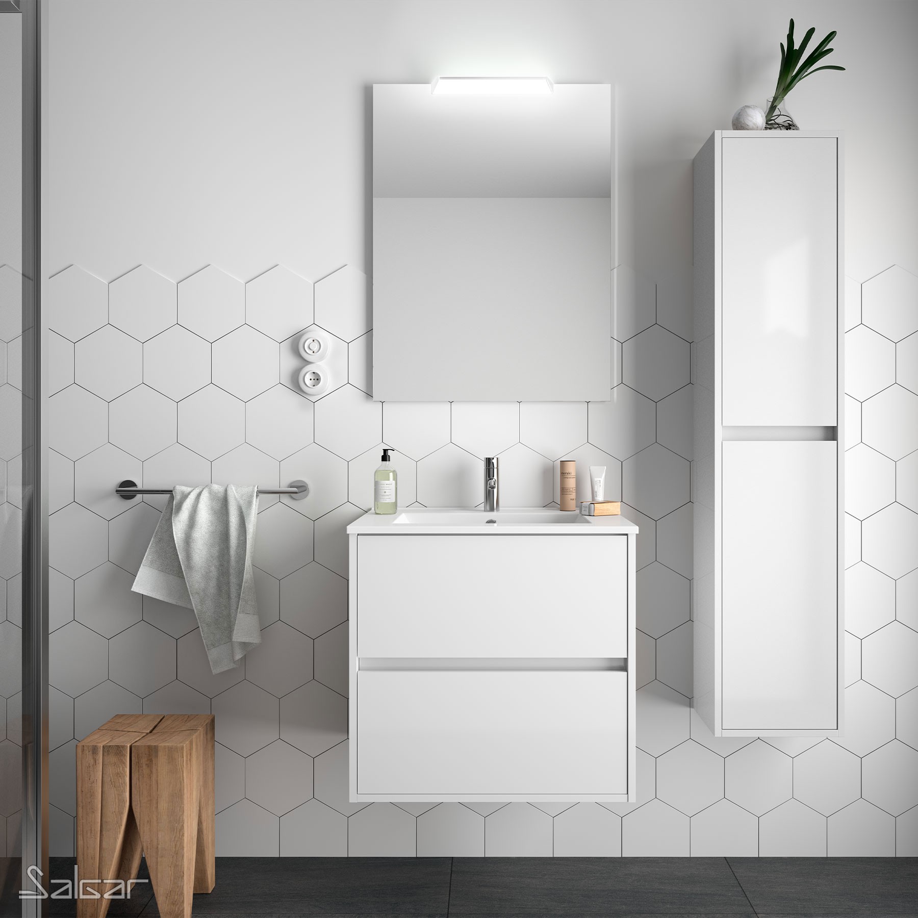 85024 SALGAR Комплект мебели для ванной NOJA 600 WHITE GLOSS LACQUERED + Раковина + Зеркало + Свет Глянцевый белый