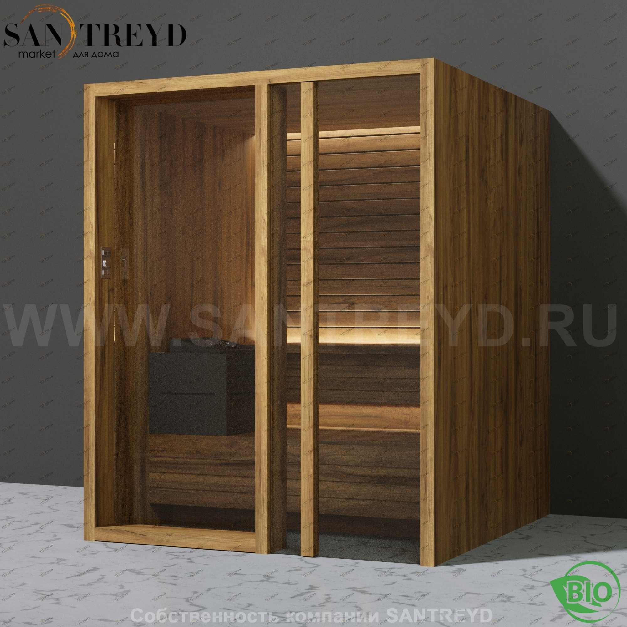 Effegibi YOKU.G60 BI.70300017 Био-сауна с правой дверью. Мощность: 6 кВт макс. Размеры: длина 174 см, ширина 170 см. Отделка: термообработанное дерево BI70300017