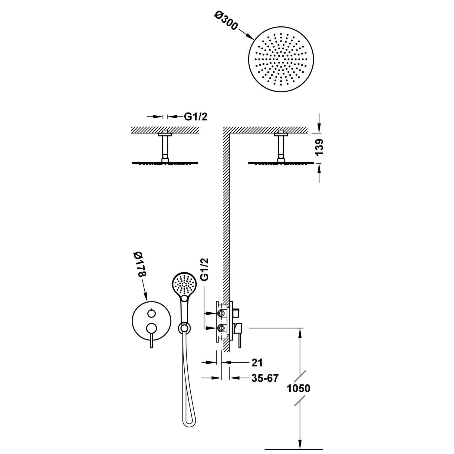 КОМПЛЕКТ смесителя для душа STUDY Rapid-box с 2-ходовым скрытым краном с одной ручкой-26228030AC TRES  - Вид №1