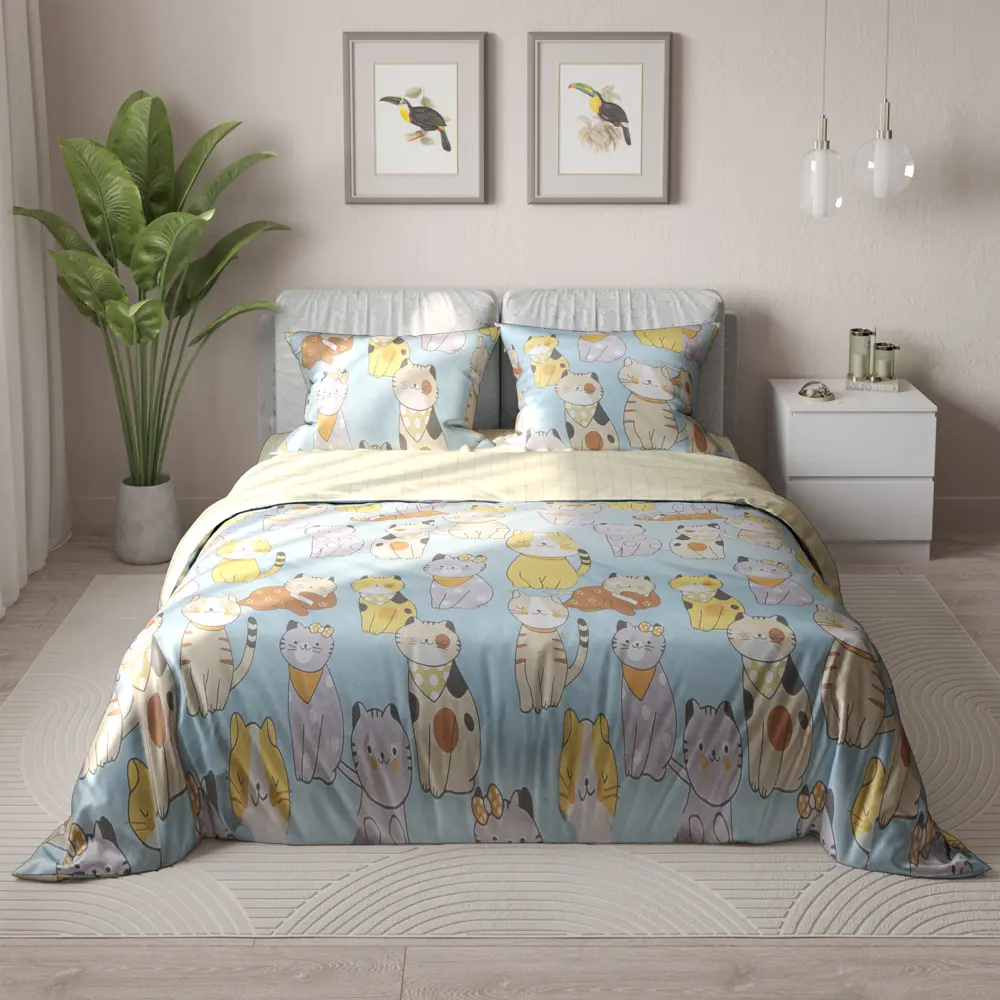 Комплект постельного белья Amore Mio Китти полутораспальный сатин разноцветный STLM-2035377