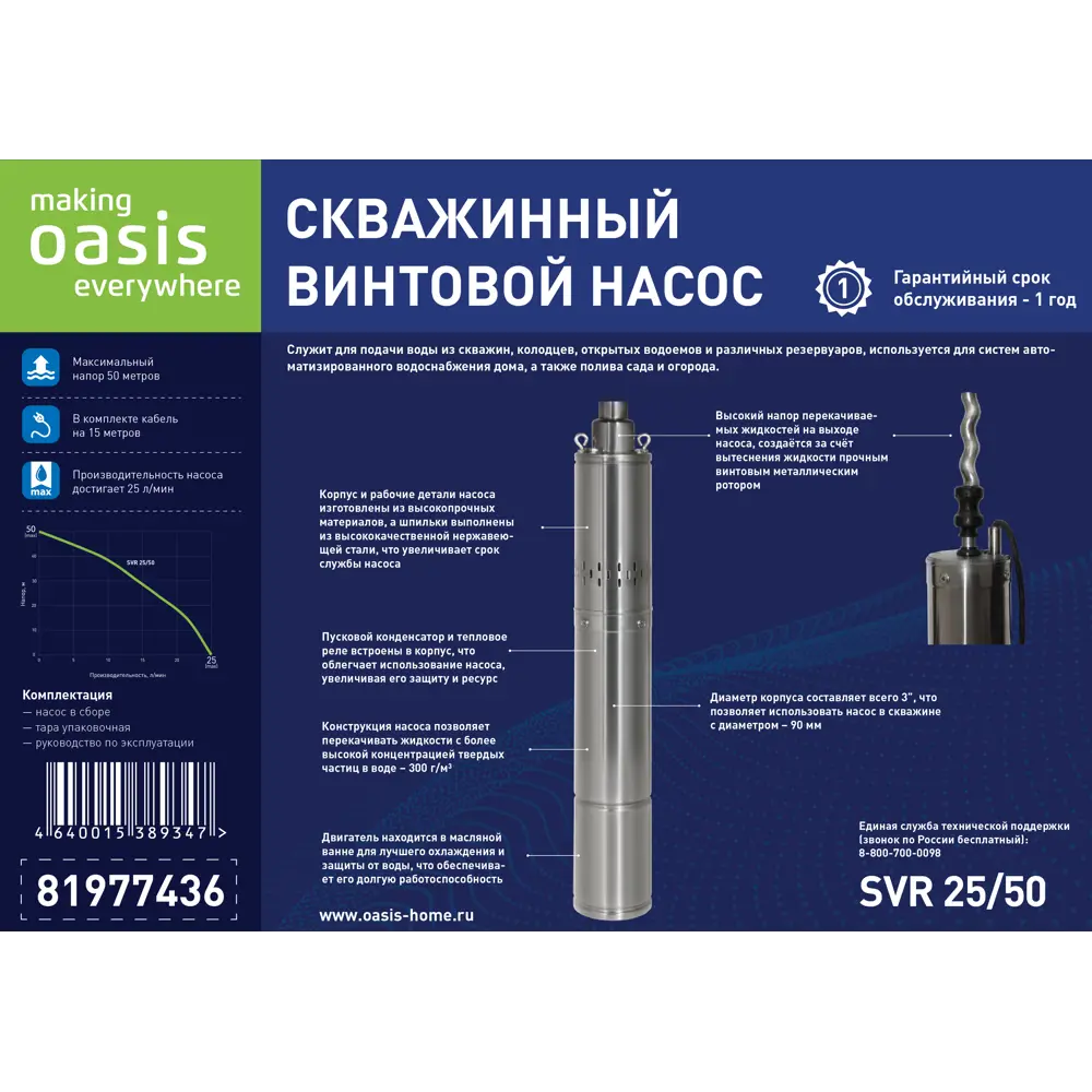 Скважинный насос Oasis SVI 25/50 для чистой воды с глубины 50 м 81977436 STLM-0016353 - Вид №8