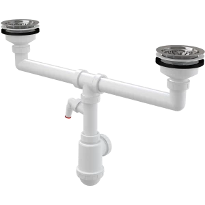 Сифон для сдвоенной мойки с нержавеющими решетками DN115 и штуцером