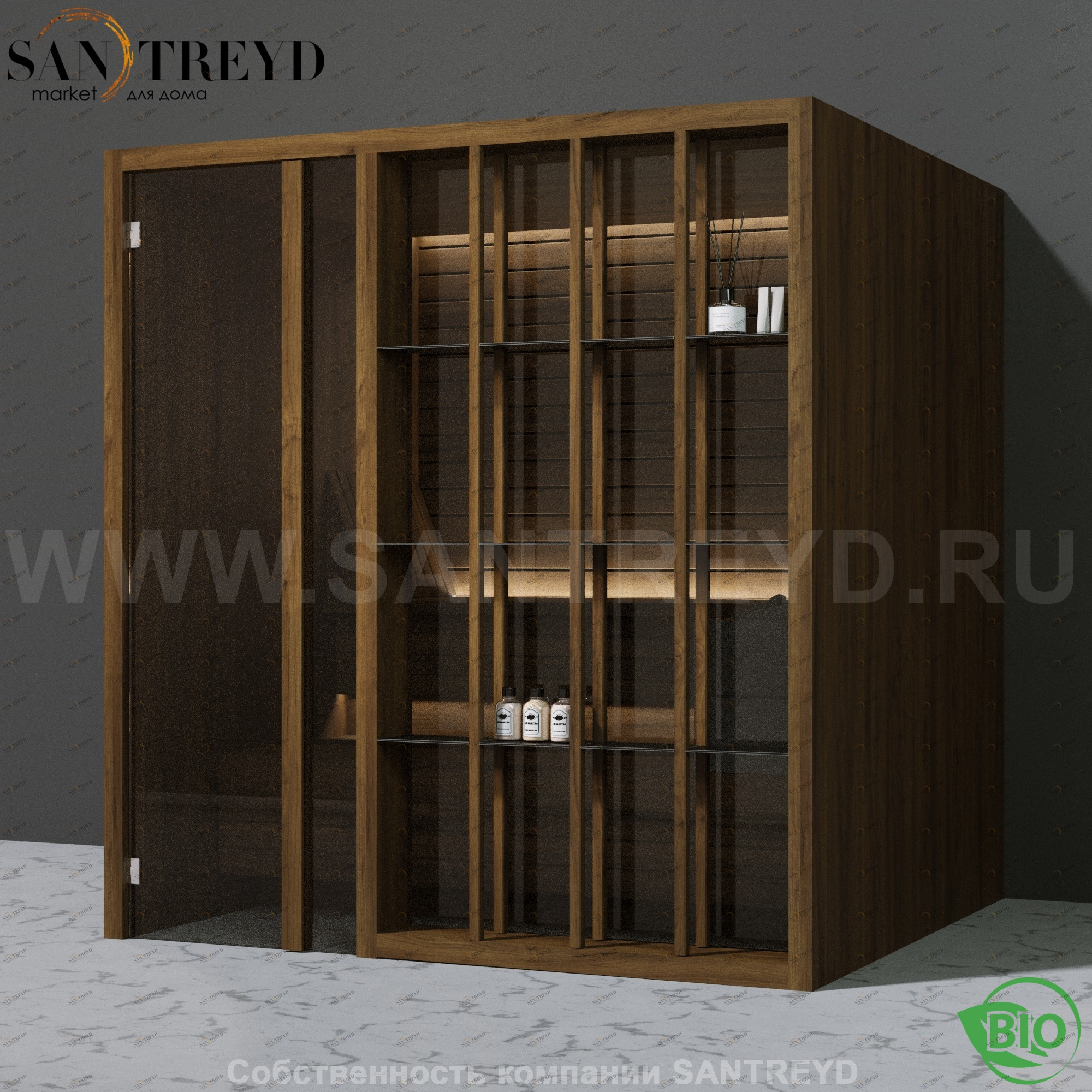 Effegibi YOKU.S80 BI.70100008 Био-сауна с левой дверью. Мощность: 9 кВт макс. Размеры: длина 202 см, ширина 180 см. Отделка: чёрный орех BI70100008