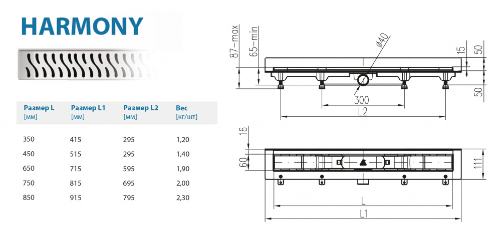 Водоотводящий желоб ALPEN Harmony ALP-650H3 для монтажа вплотную к стене  - Вид №1