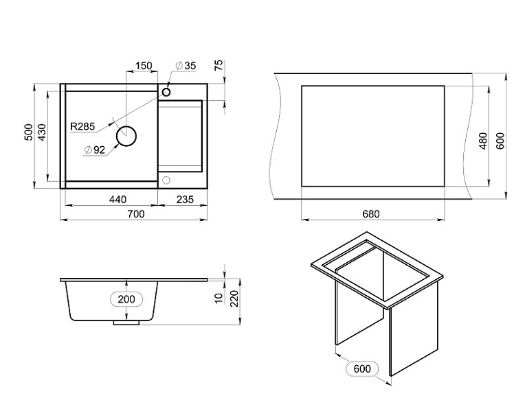 ES-7003, ГРАФИТ, кухонная мойка, кварц, ESTETICA GRANULA 7003-ST247 - Вид №5