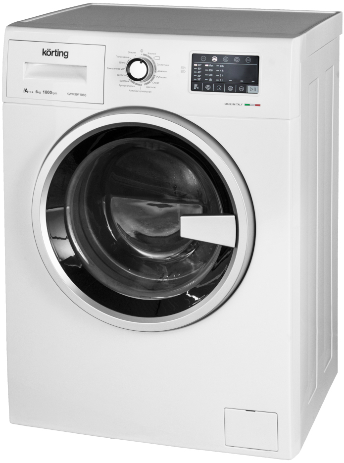 KWM 39F1060 Стиральная машина / узкая стиральная машина, 85х59.5х39см, фронтальная загрузка, 6 кг, 1000 об/мин, сенсорное управление, led индикация настроек и этапов выполнения программ, 15 программ стирки, отложенный старт, а+++, белая Korting Santreyd  - Вид №1