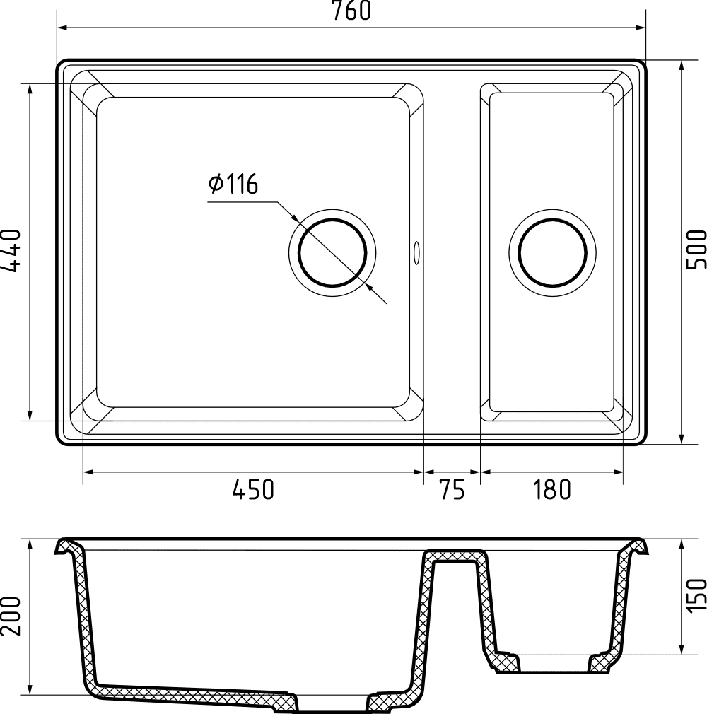 Кухонная мойка Искусственный камень LEVEL S168 GranFest LV-760K-S168 - Вид №1