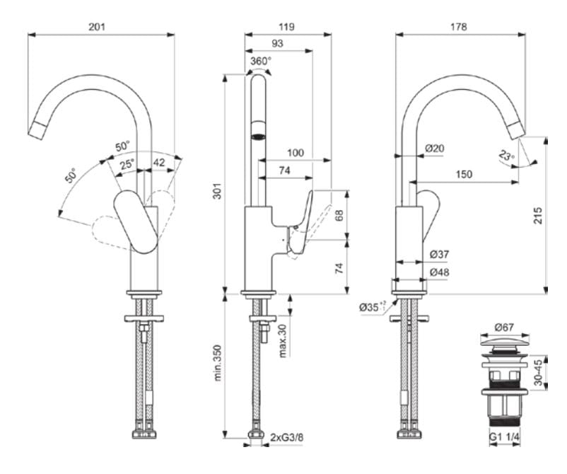 Однорычажный смеситель для раковины с автоматическим сливом Ideal Standard Ceralife O ARCH-00072008 - Вид №2