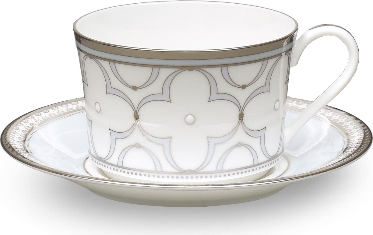 10672923 Noritake Чашка кофейная с блюдцем Noritake Трефолио, платиновый кант 90мл, фарфор Фарфор костяной 