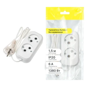 Удлинитель бытовой 2x0.75 1.5 2 розетки без заземления 1380 Вт цвет белый