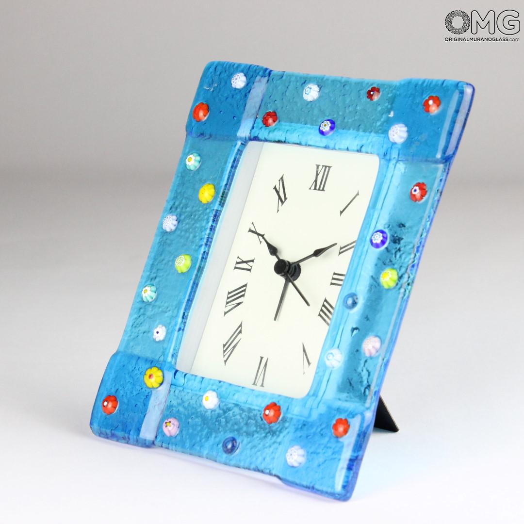 2712 ORIGINALMURANOGLASS Настольные часы с будильником - синие миллефиори - Original Murano Glass OMG 11 см  - Вид №1