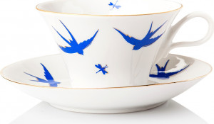10617341 Мануфактуры Гарднеръ в Вербилках Чашка чайная с блюдцем "Дыхание лета" "Ласточки" Фарфор, Керамика