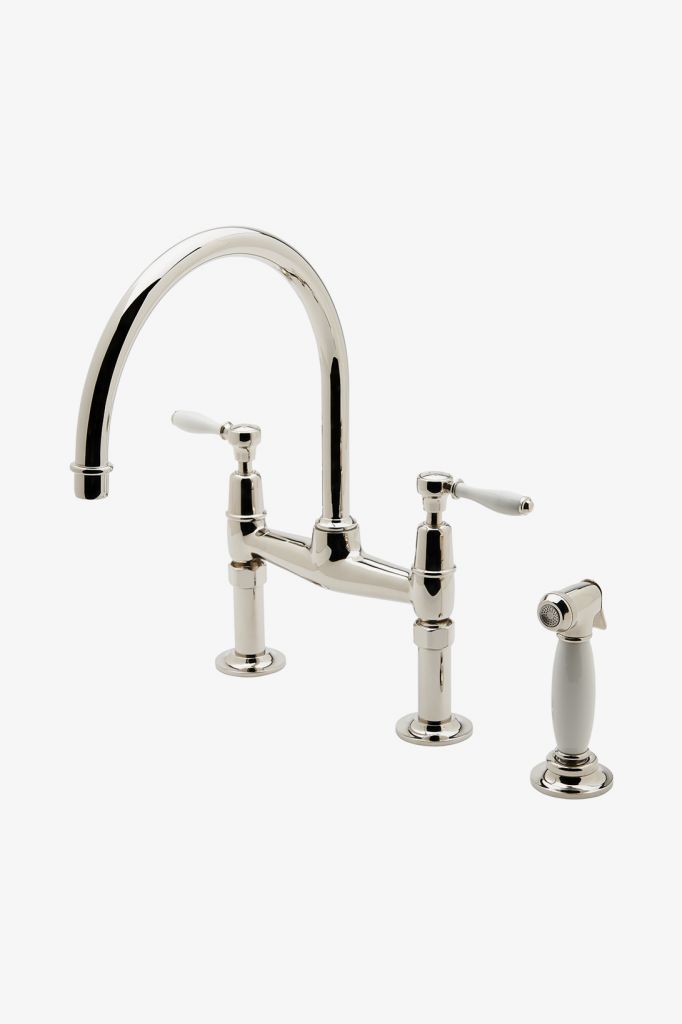 EAKM33 Смеситель для кухни с гусиной шеей Easton Classic с двумя отверстиями, рычажными ручками из белого фарфора и распылителем Waterworks 