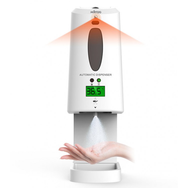 001TM MIRTOO Сенсорный дозатор для антисептика с встроенным бесконтактным термометром MIRTOO 001TM с поддоном емкость 1300 мл. белый  - Вид №3