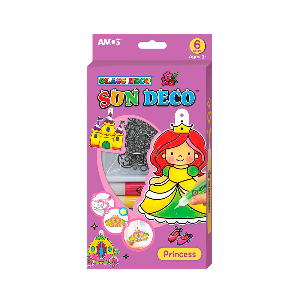 22907 Набор витражных красок с витражами "Принцесса", 6 цветов по 10,5 мл, 6 мини-витражей 12/48 AMOS 